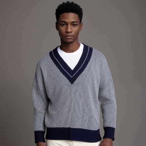 Vintage Unisex Pinstriped Blue & White Sweater Sz S/M - Picture 1 of 3